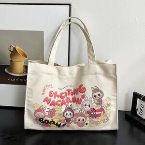 Labubu Canvas Tote Bag Cute Cartoon Print Reusable Shoulder Bag 15x11